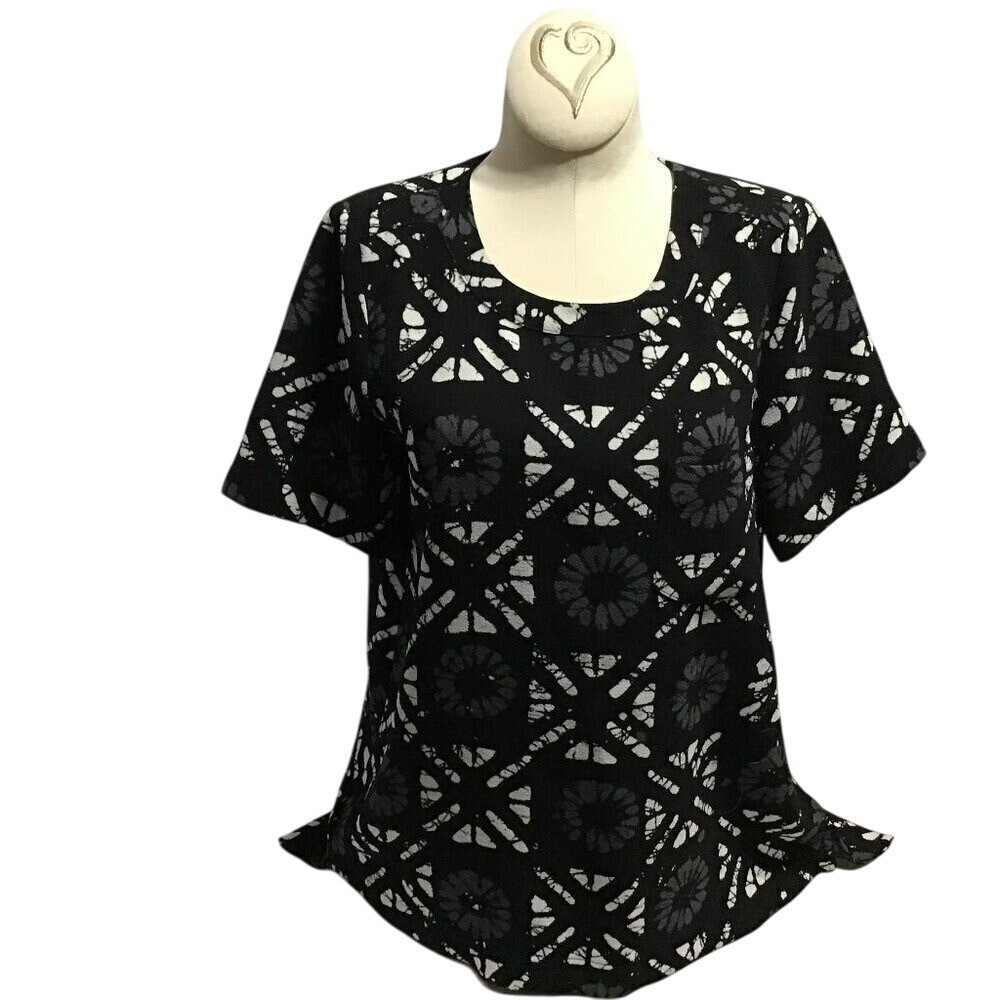 Madewell E8407 Black White Batik Floral Button Back Short‎ Sleeve Top XS